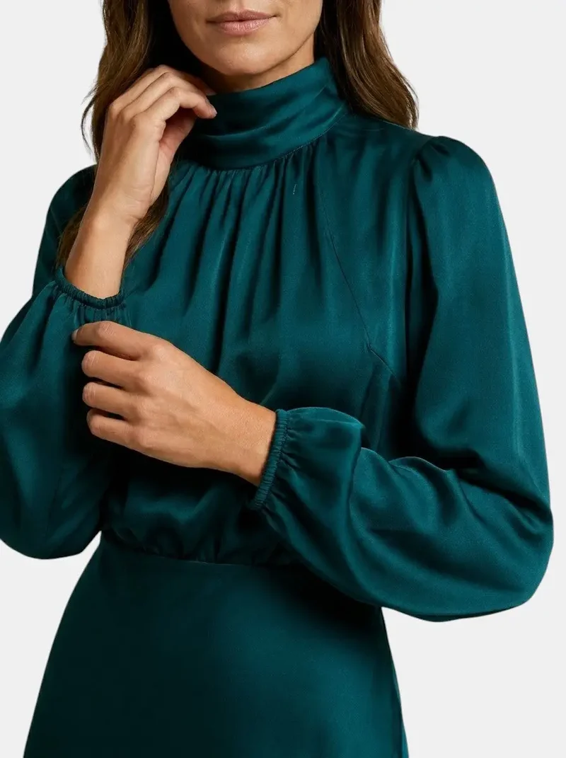 Women's Lustrous Midi Dress | Elegant High Neck Flared Cocktail Dress