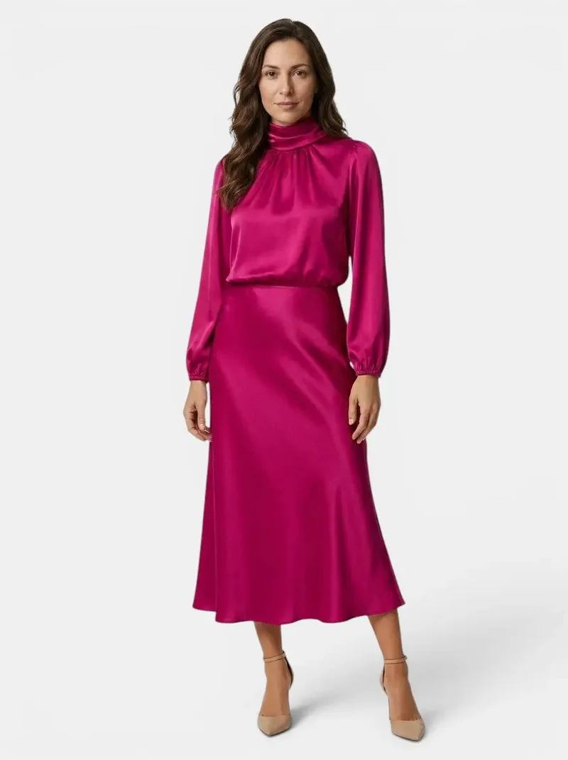 Women's Lustrous Midi Dress | Elegant High Neck Flared Cocktail Dress