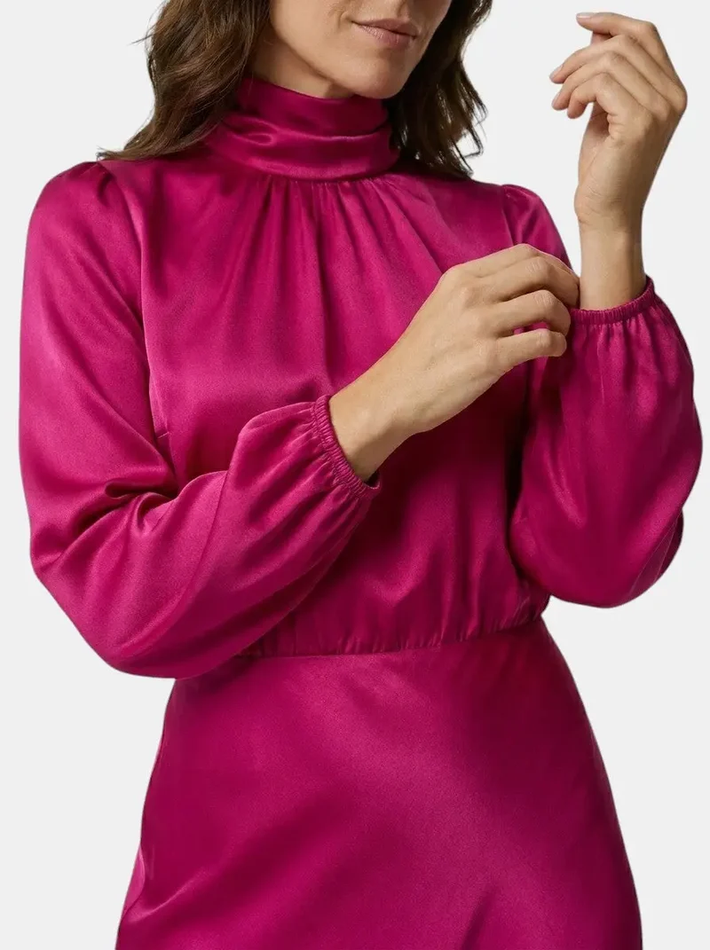 Women's Lustrous Midi Dress | Elegant High Neck Flared Cocktail Dress