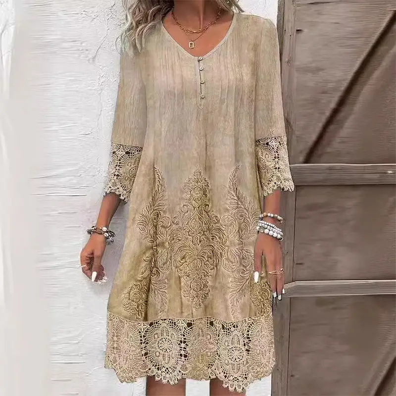 Women's Floral Print Midi Dress | Elegant Structured Summer Dress with Embroidered Accents