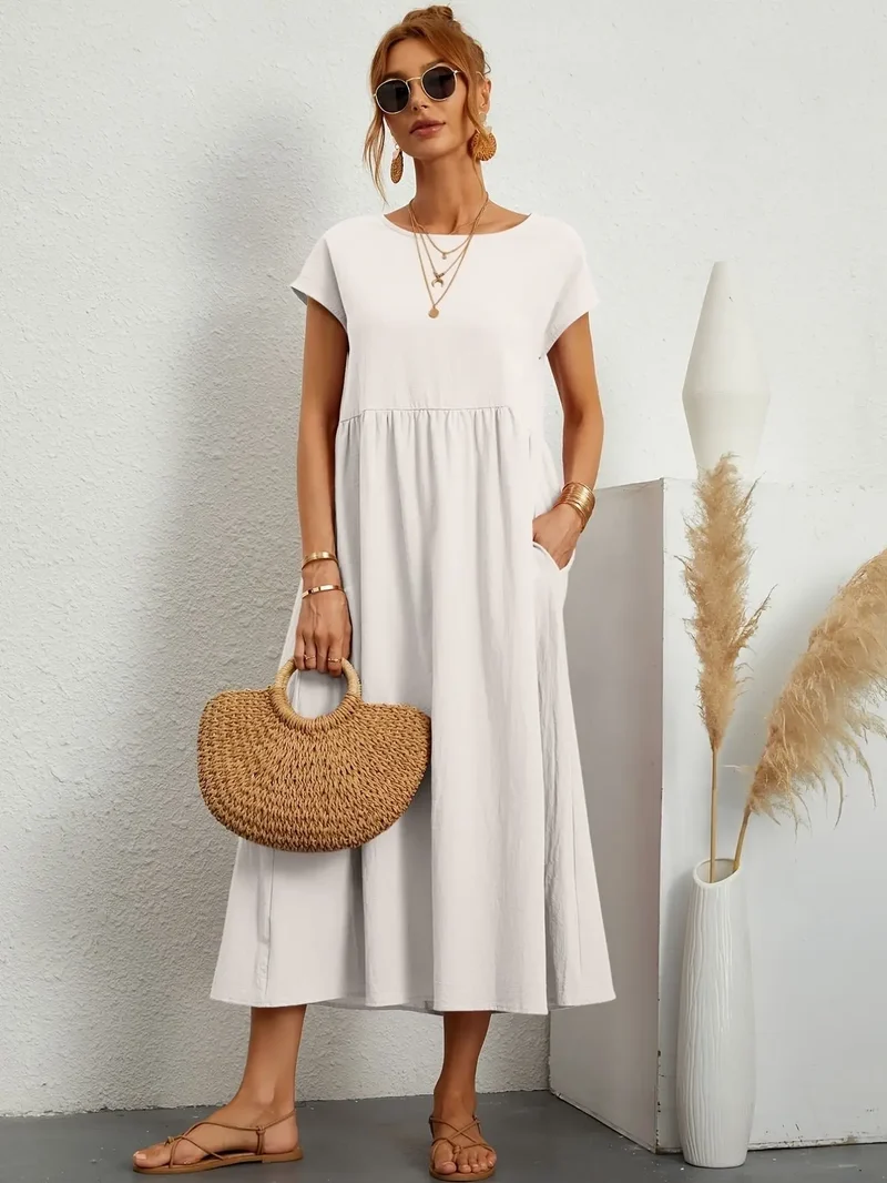 Women's Lightweight Cotton Summer Dress | Elegant Relaxed Fit with Refined Neckline
