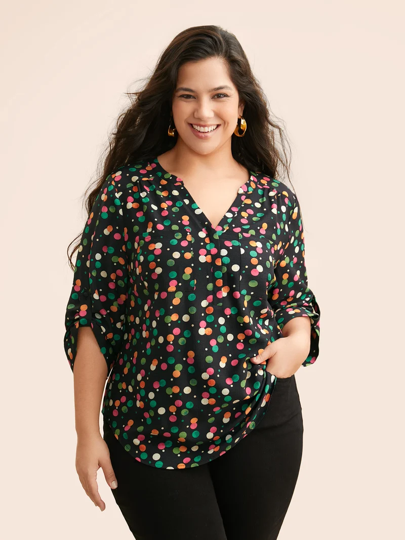 Color Polka Dot Patch Pocket Blouse