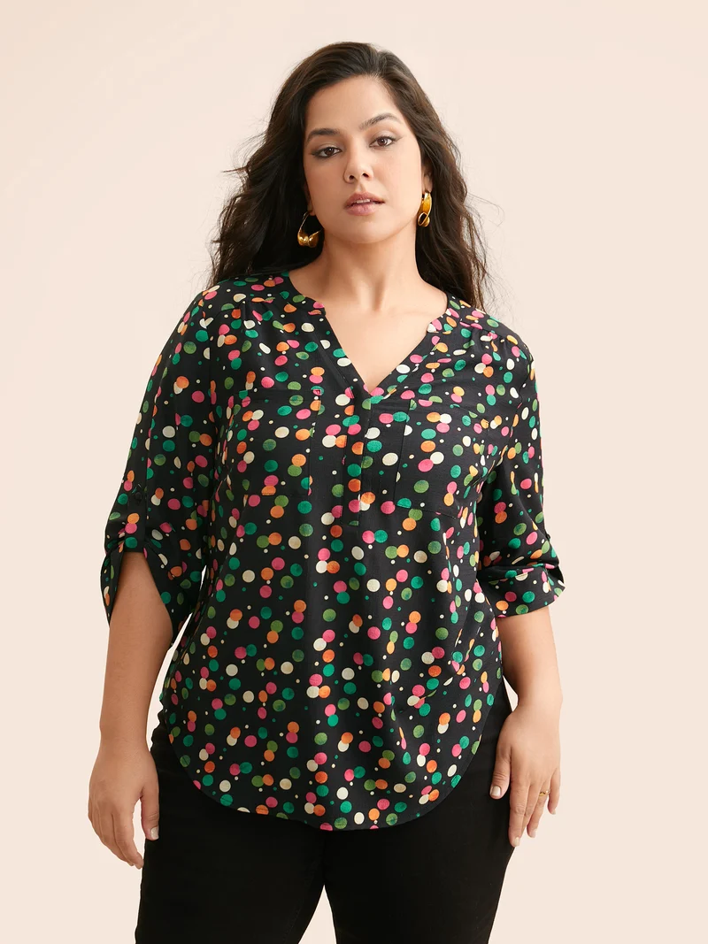 Color Polka Dot Patch Pocket Blouse
