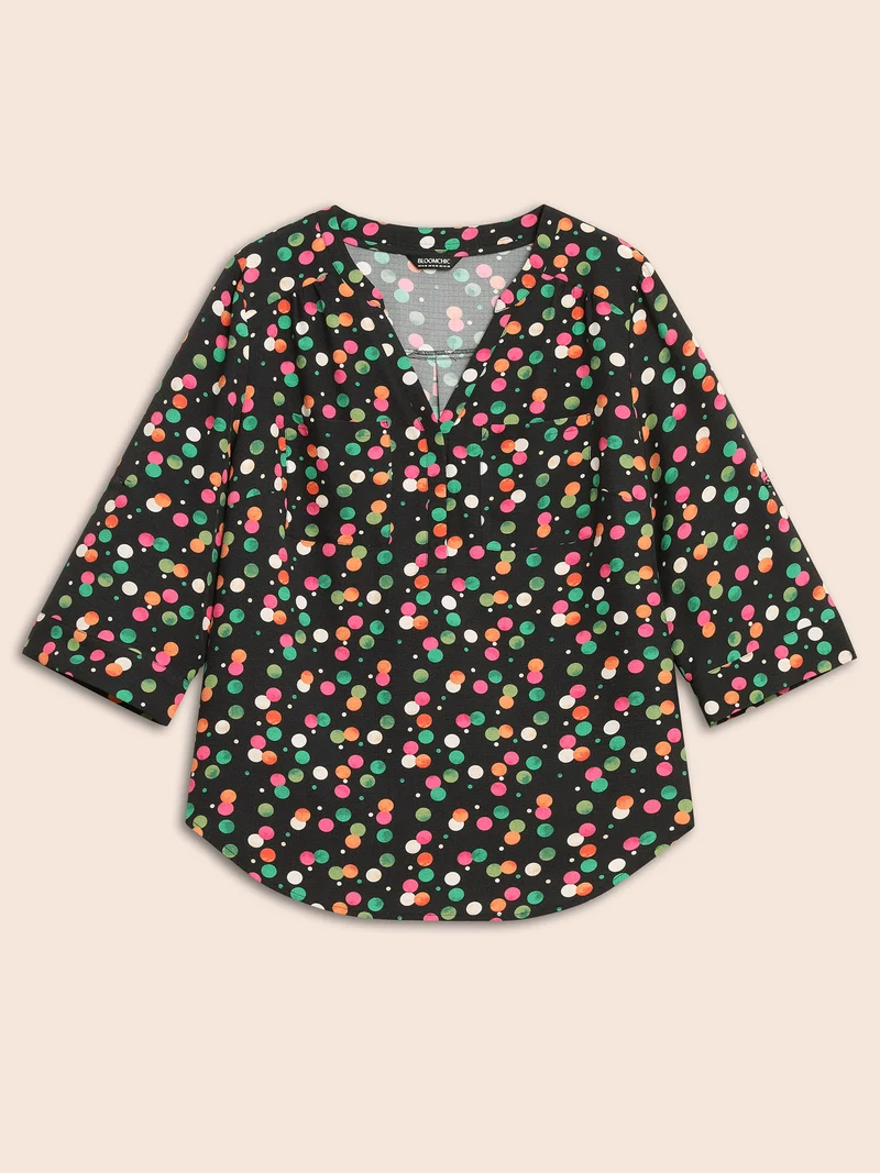 Color Polka Dot Patch Pocket Blouse