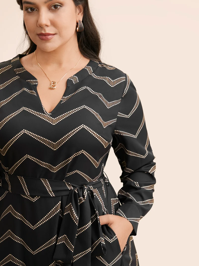 Geometric Notched Belted Midi Dress