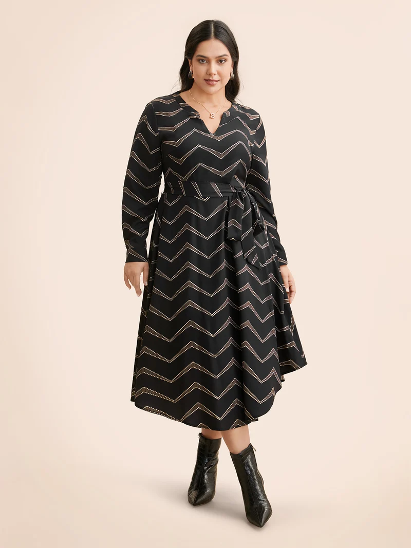 Geometric Notched Belted Midi Dress