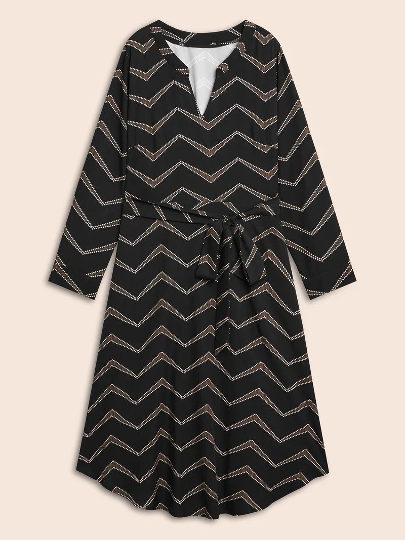 Geometric Notched Belted Midi Dress