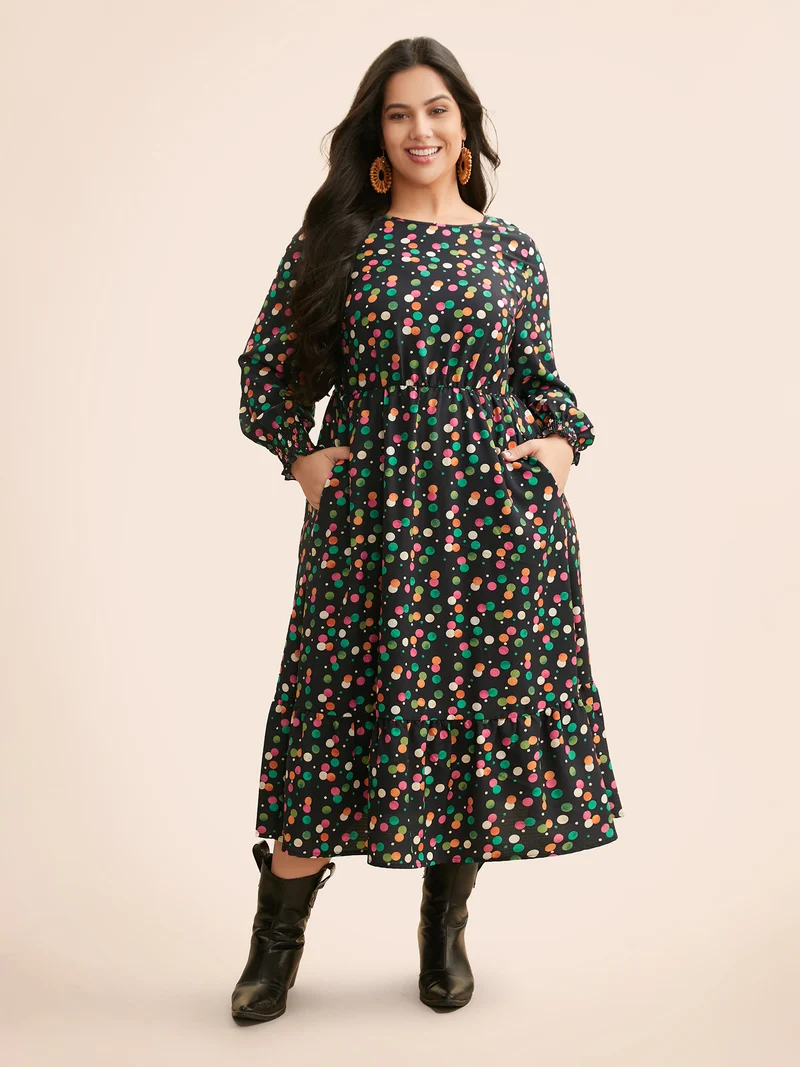 Colored Polka Dot Shirred Frill Trim Dress