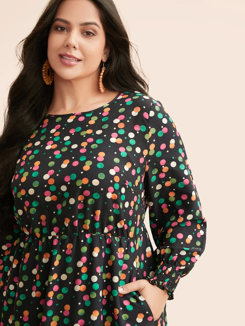 Colored Polka Dot Shirred Frill Trim Dress