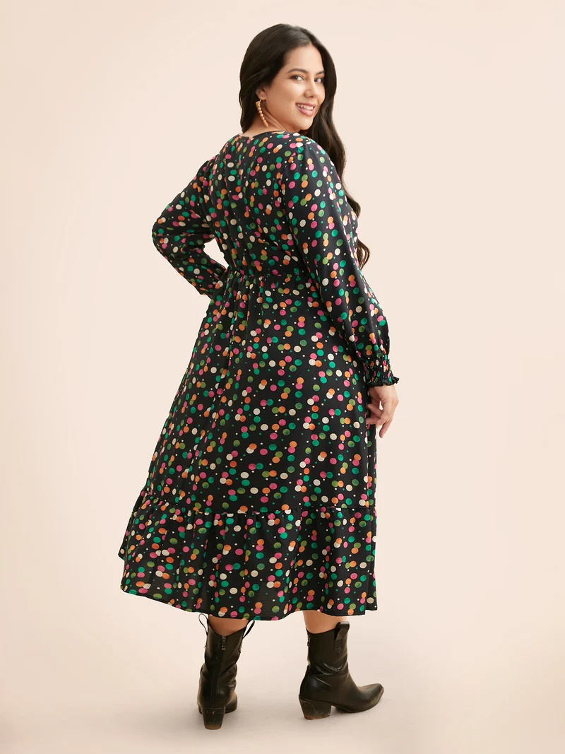 Colored Polka Dot Shirred Frill Trim Dress