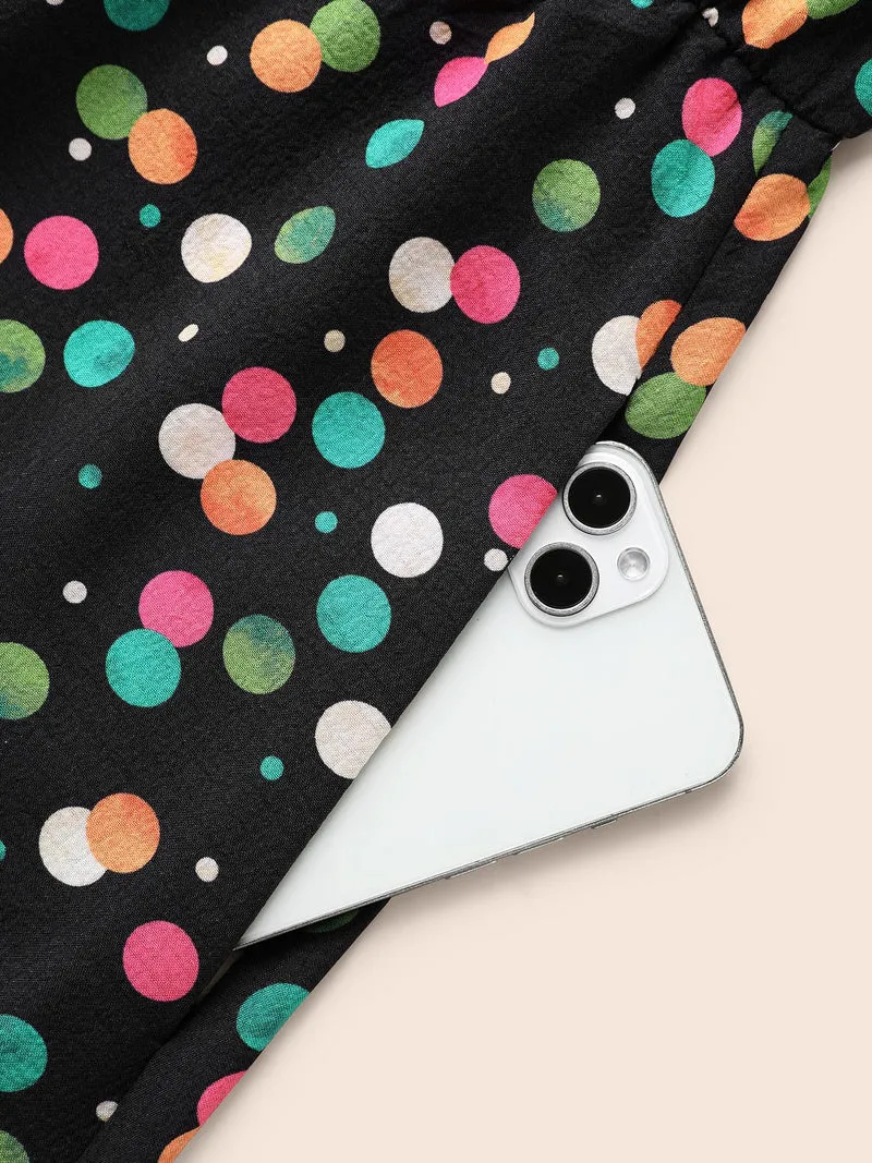 Colored Polka Dot Shirred Frill Trim Dress