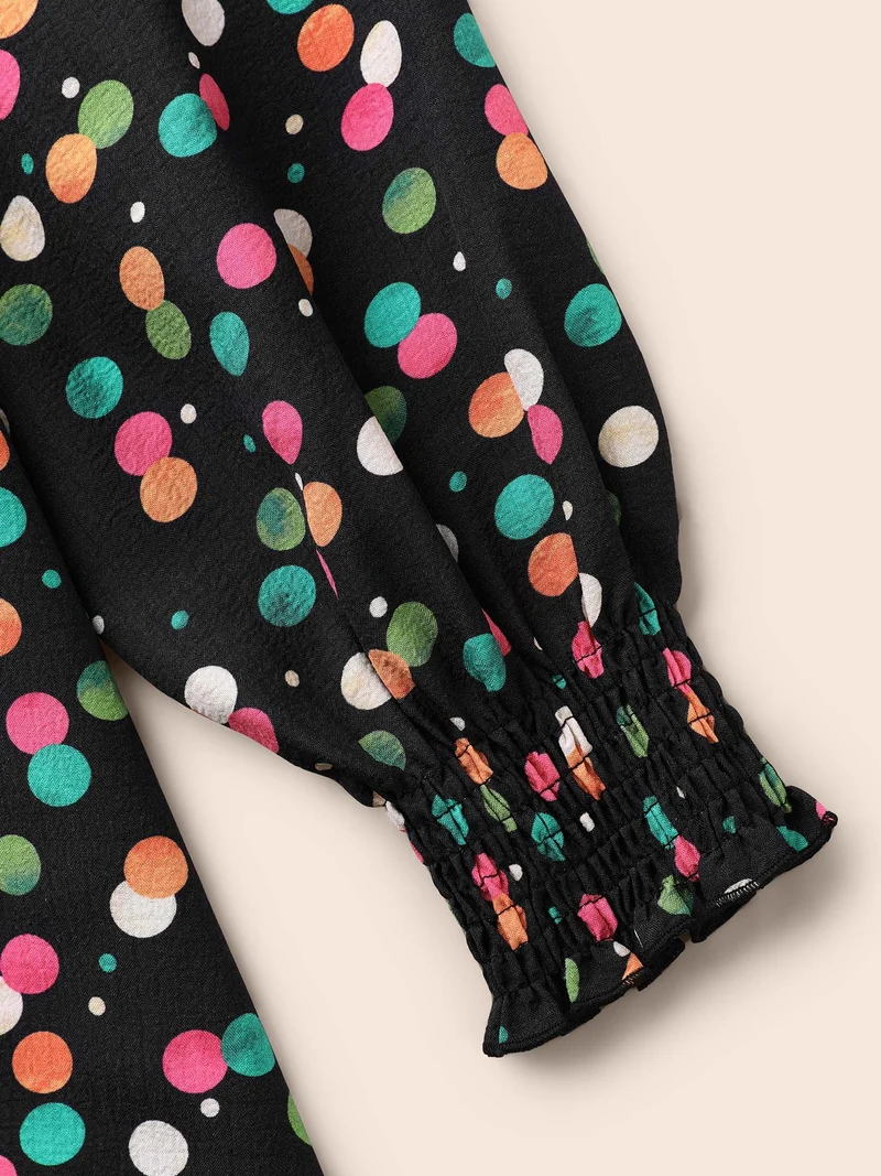 Colored Polka Dot Shirred Frill Trim Dress