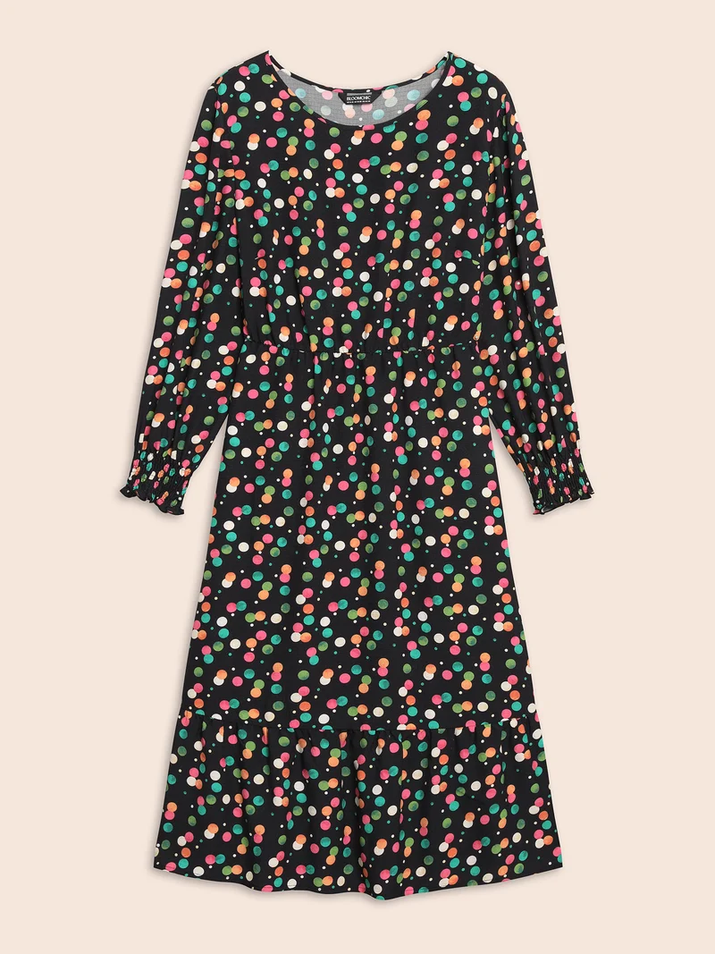 Colored Polka Dot Shirred Frill Trim Dress