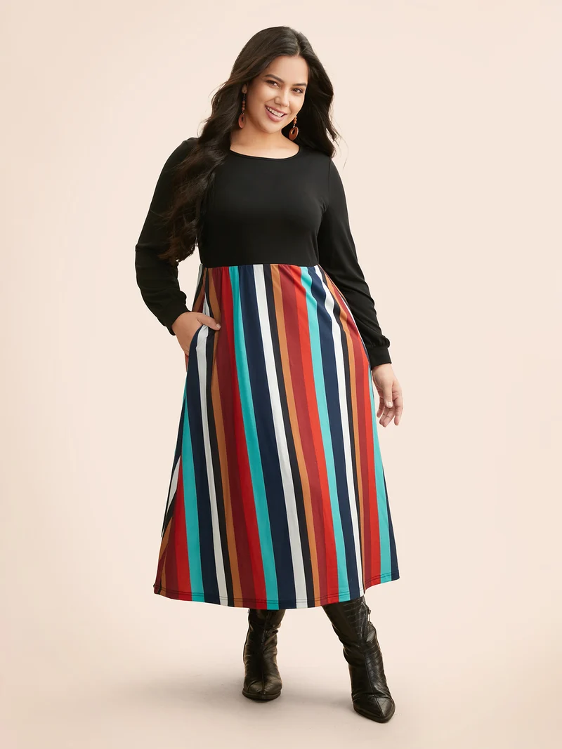 Round Neck Contrast Striped Patchwork Midi Dress