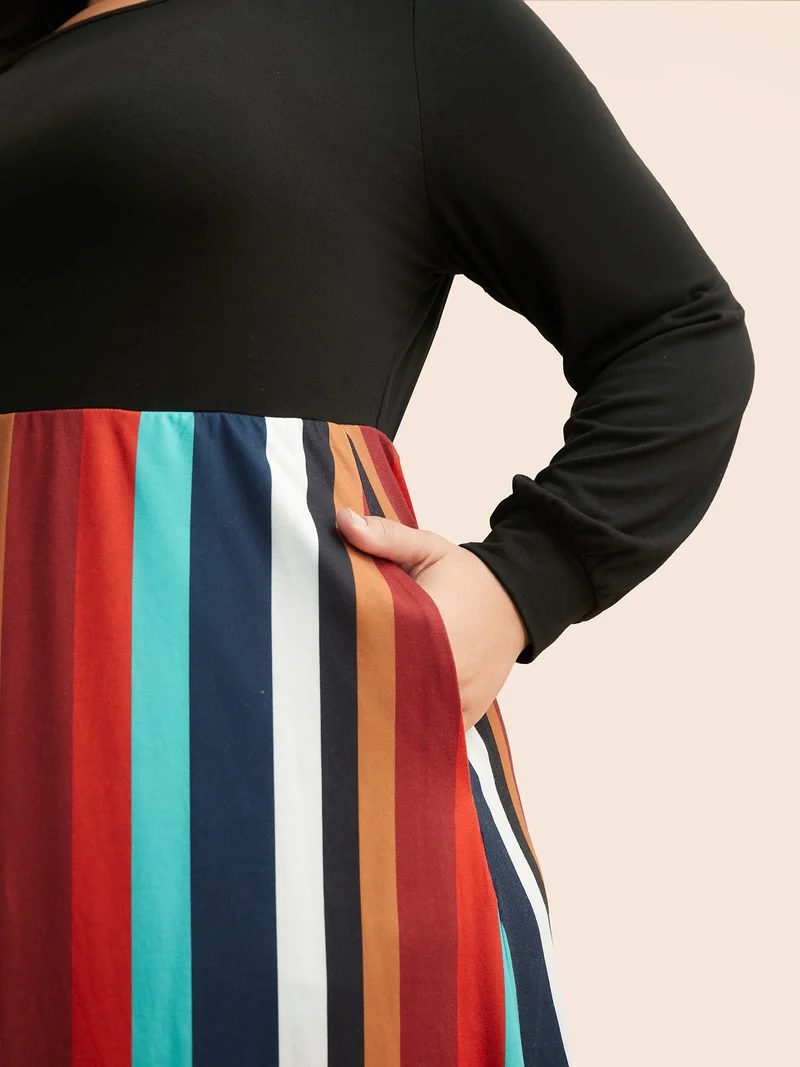 Round Neck Contrast Striped Patchwork Midi Dress