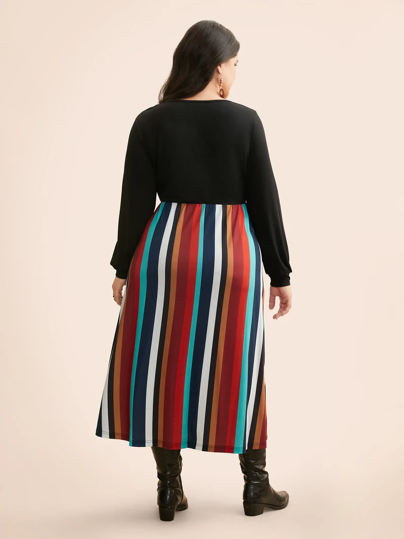 Round Neck Contrast Striped Patchwork Midi Dress
