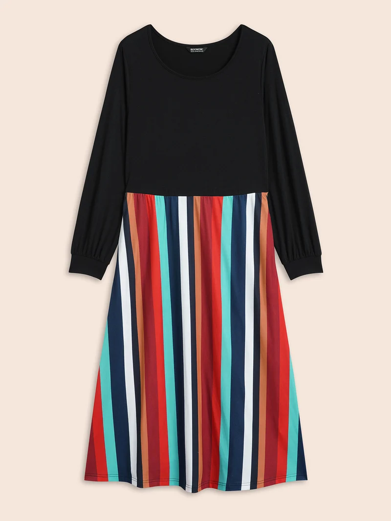 Round Neck Contrast Striped Patchwork Midi Dress