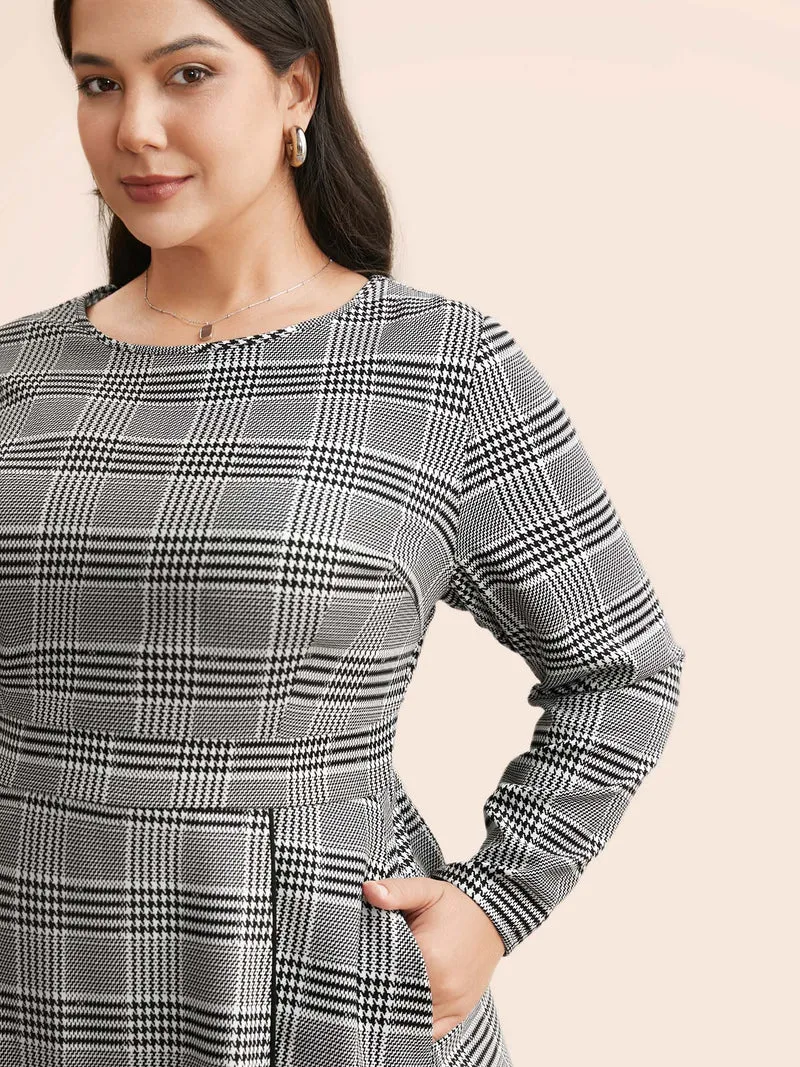 Houndstooth Round Neck Shirred Tucked Seam Dress
