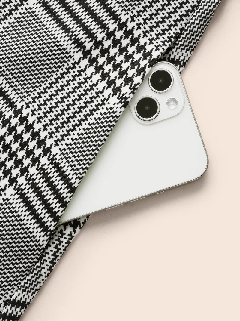 Houndstooth Round Neck Shirred Tucked Seam Dress