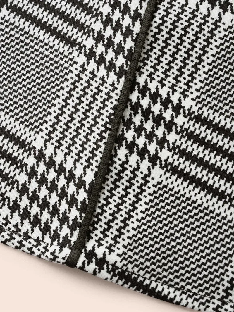 Houndstooth Round Neck Shirred Tucked Seam Dress