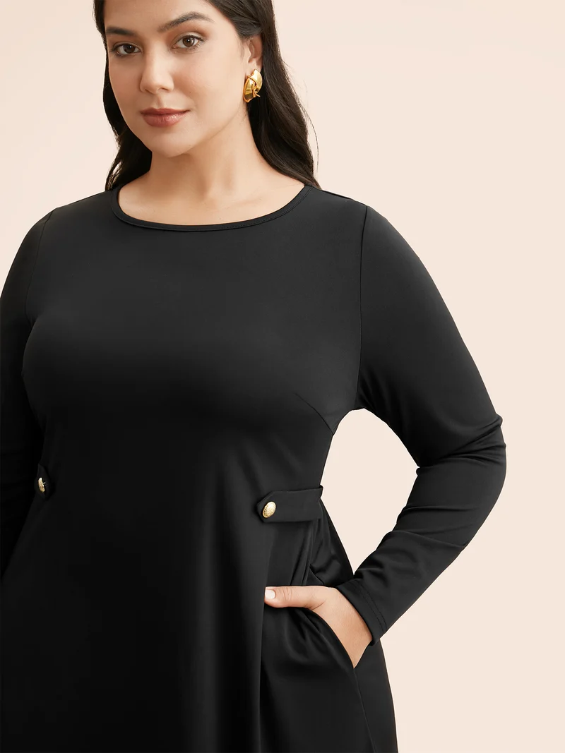 Crew Neck Button Detail Dress