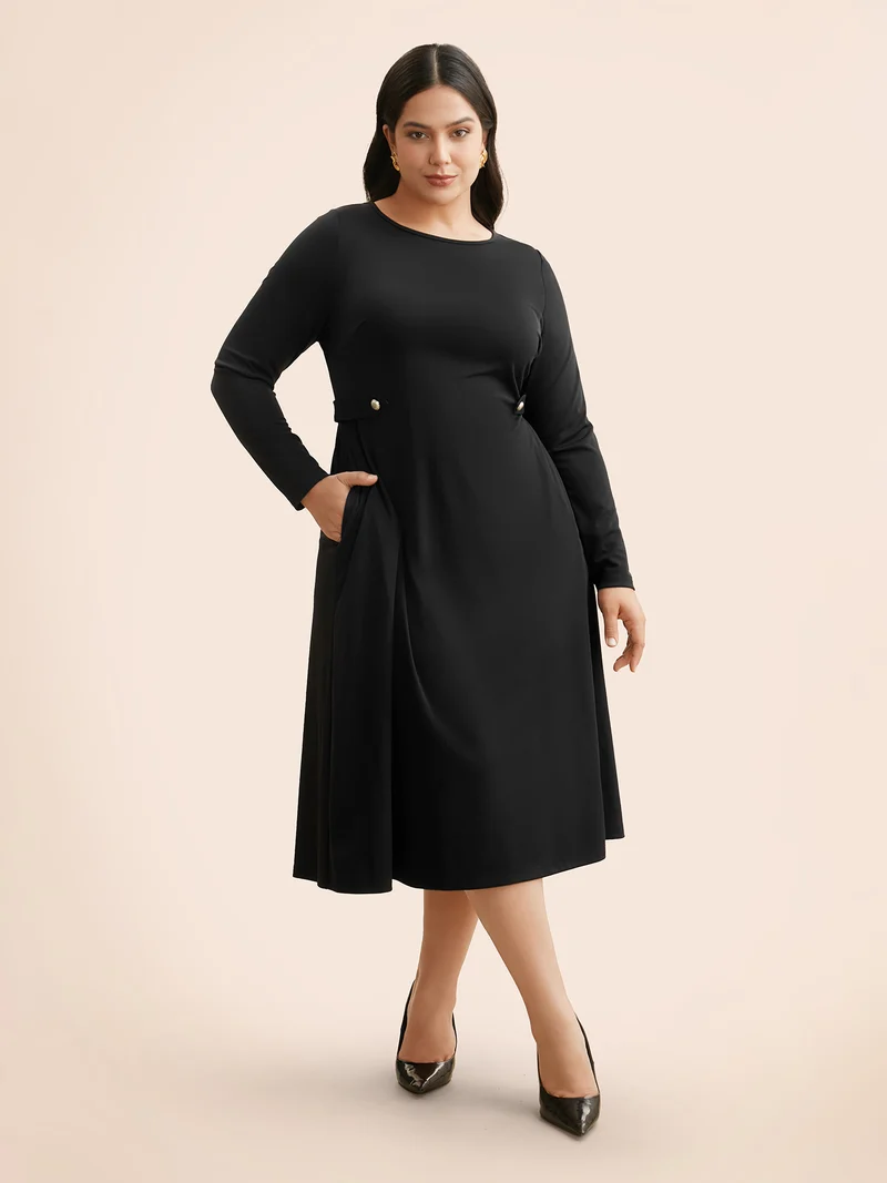 Crew Neck Button Detail Dress