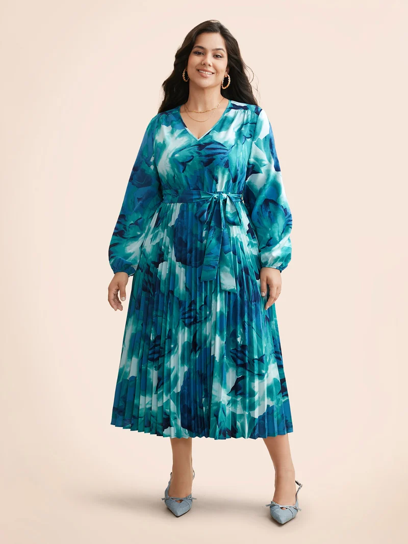 Watercolor Floral Pleated Belted Dress