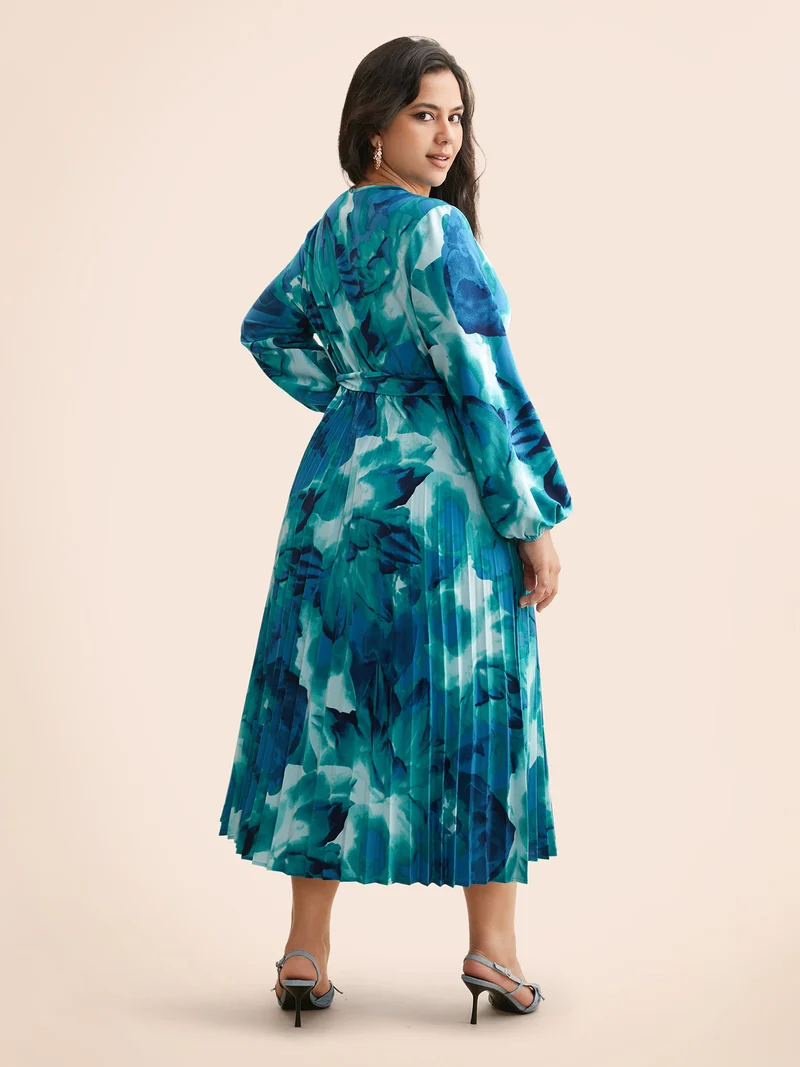 Watercolor Floral Pleated Belted Dress