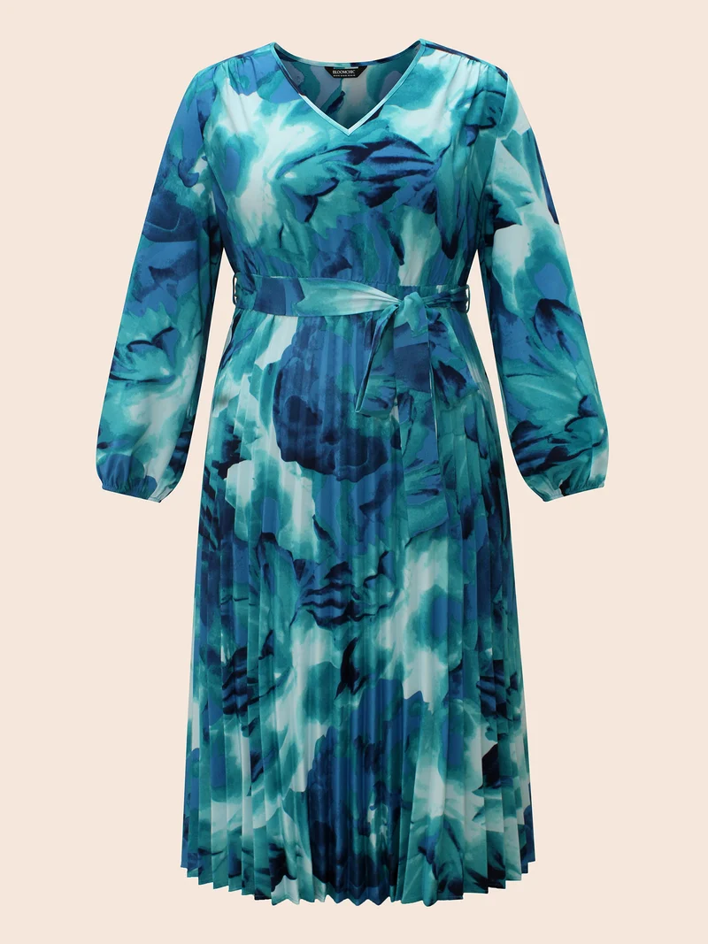 Watercolor Floral Pleated Belted Dress