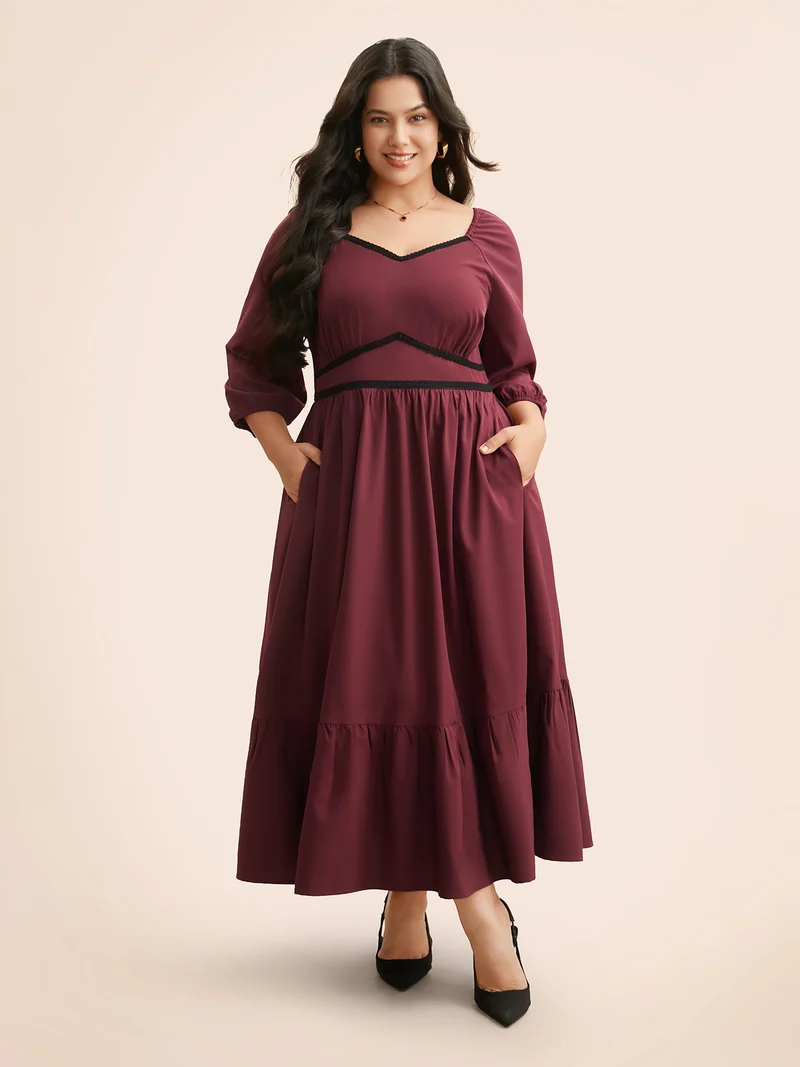 Heart Neckline Woven Ribbon Midi Dress