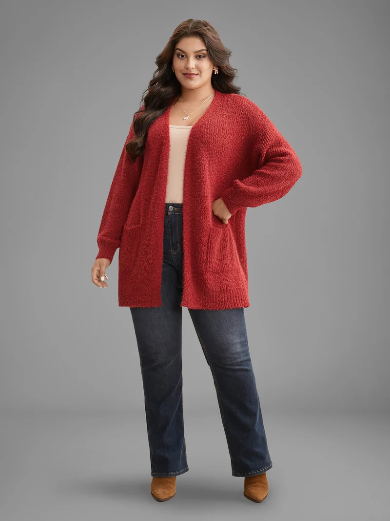 Mink-Hair Feel Pockets Open Front Cardigan