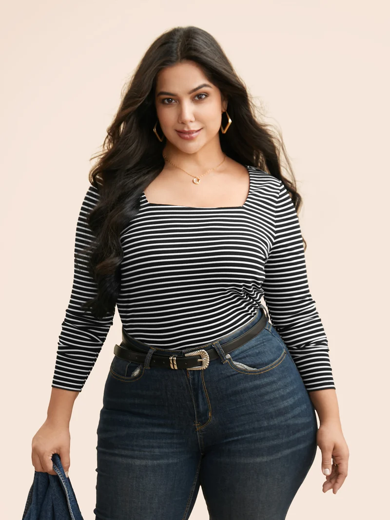 Square Neck Striped Texture T-shirt