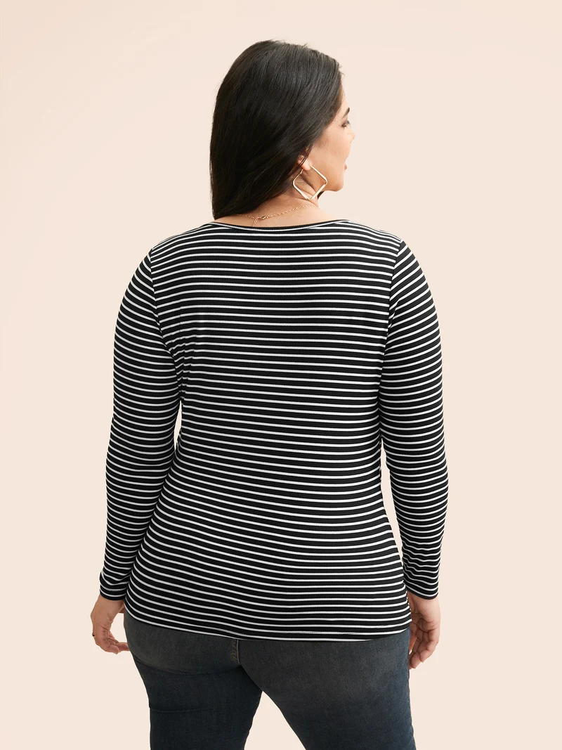 Square Neck Striped Texture T-shirt