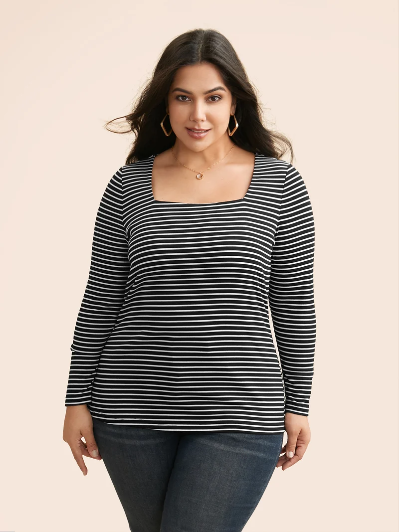 Square Neck Striped Texture T-shirt