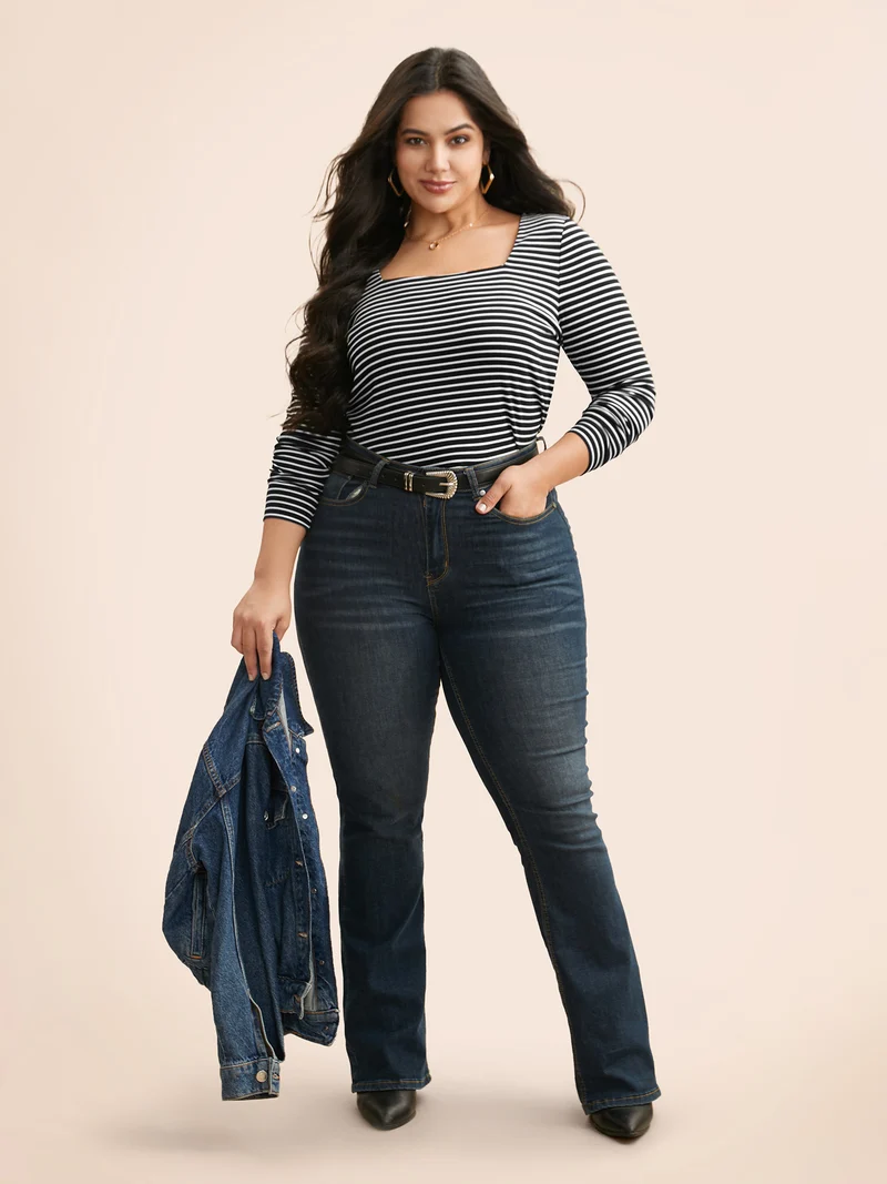 Square Neck Striped Texture T-shirt