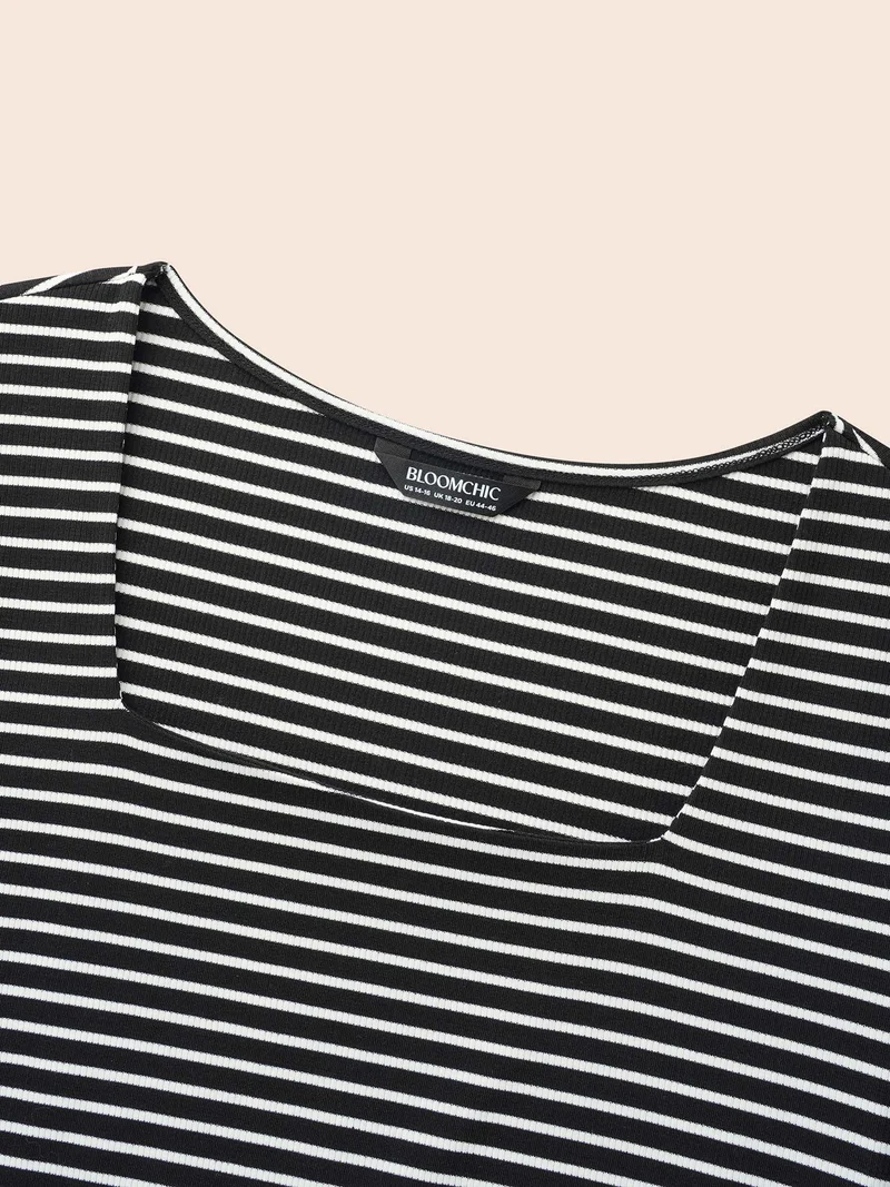 Square Neck Striped Texture T-shirt