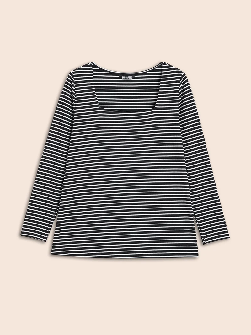Square Neck Striped Texture T-shirt