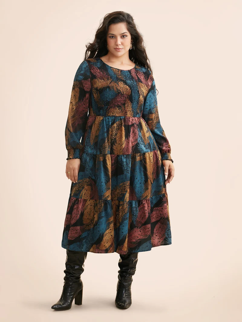 Feather Print Shirred Lantern Sleeve Dress