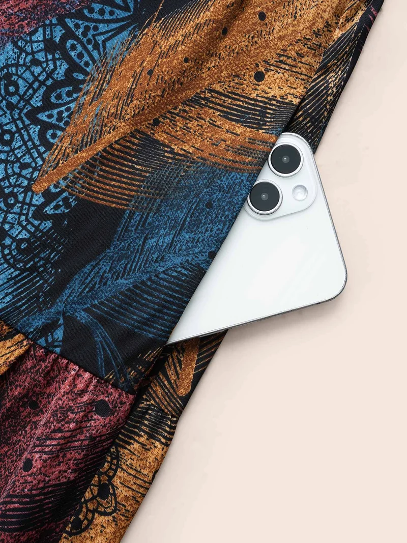 Feather Print Shirred Lantern Sleeve Dress