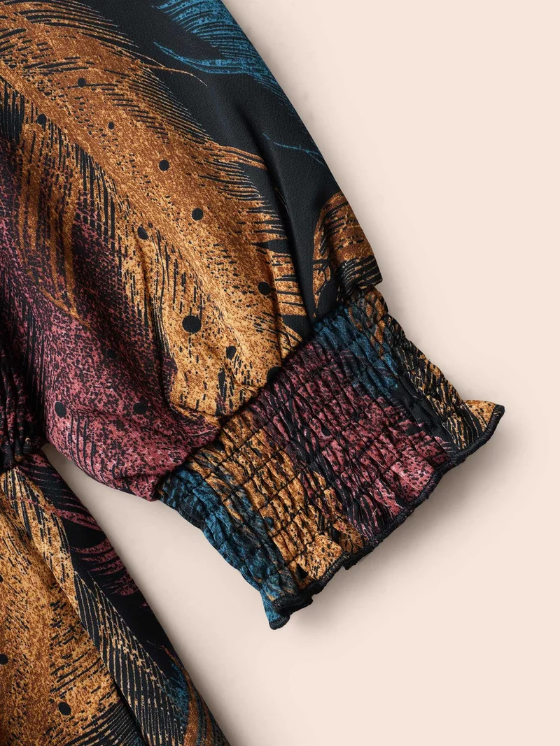 Feather Print Shirred Lantern Sleeve Dress