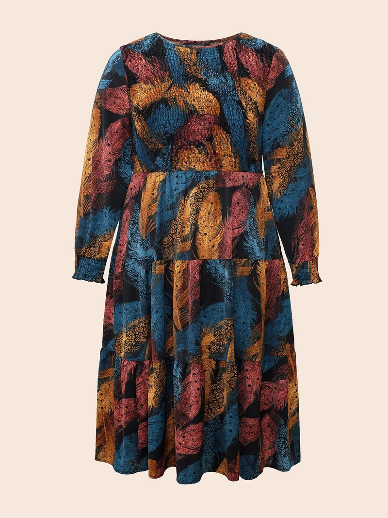 Feather Print Shirred Lantern Sleeve Dress