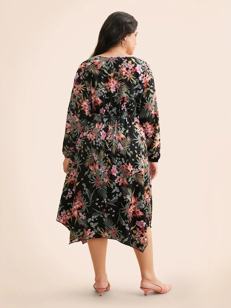 V Neck Floral Asymmetrical Hem Dress
