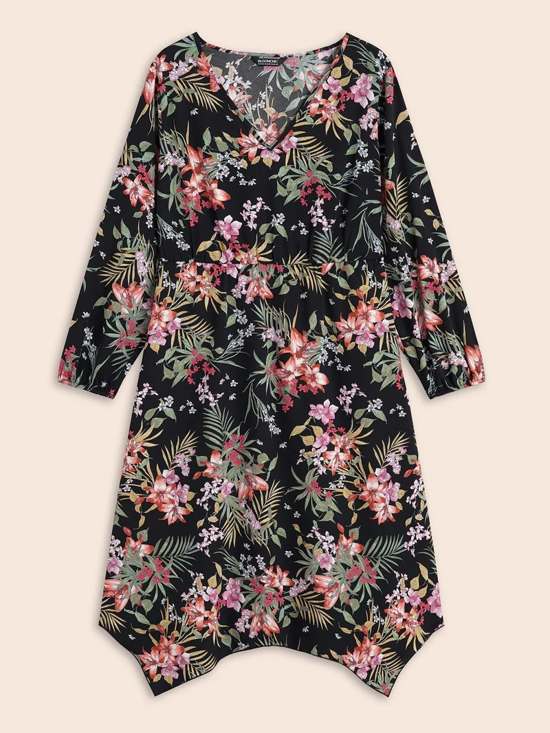 V Neck Floral Asymmetrical Hem Dress