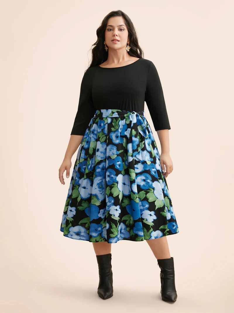 Round Neck Floral Patchwork Belted Dress