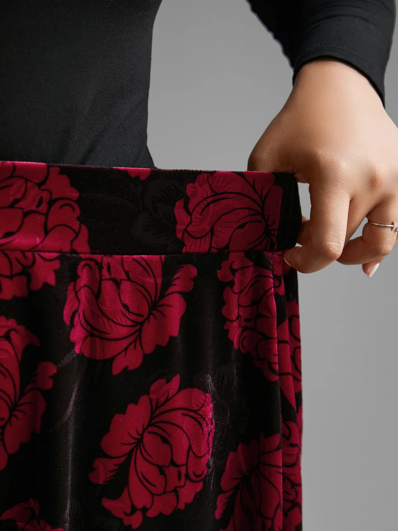 Velvet Floral Elastic Waist Skirt