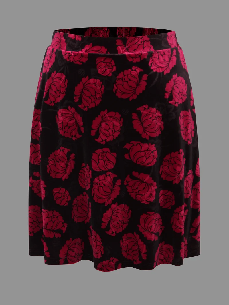 Velvet Floral Elastic Waist Skirt