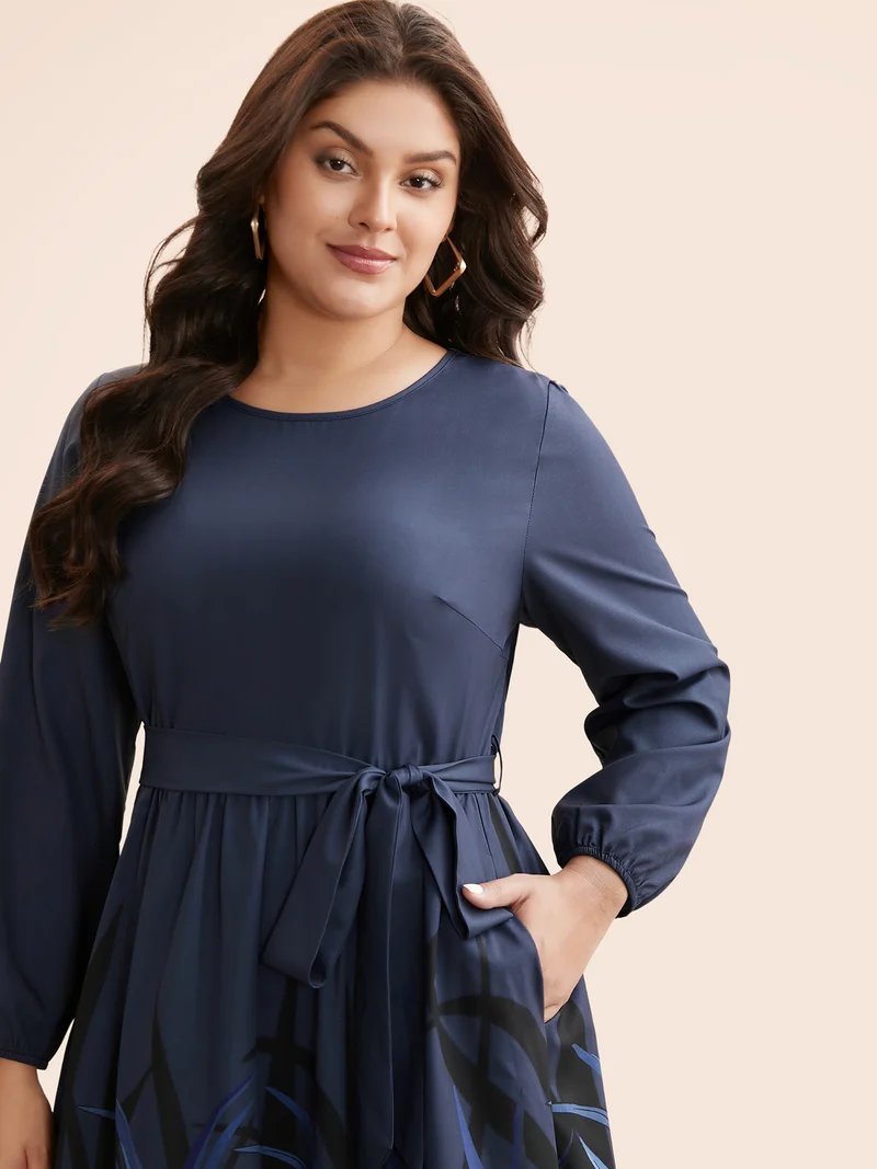 Boho Print Belted Lantern Sleeve Dress