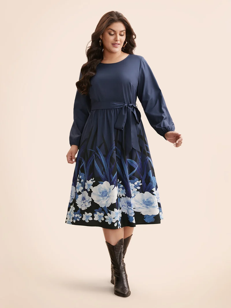 Boho Print Belted Lantern Sleeve Dress