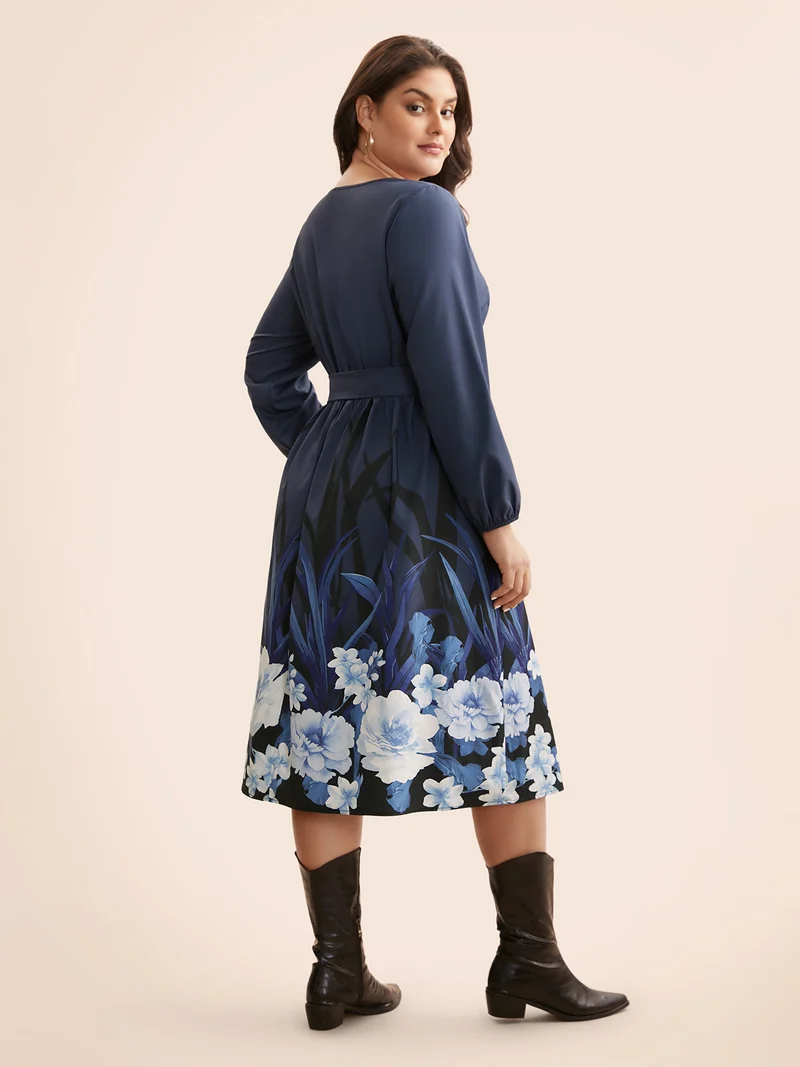 Boho Print Belted Lantern Sleeve Dress