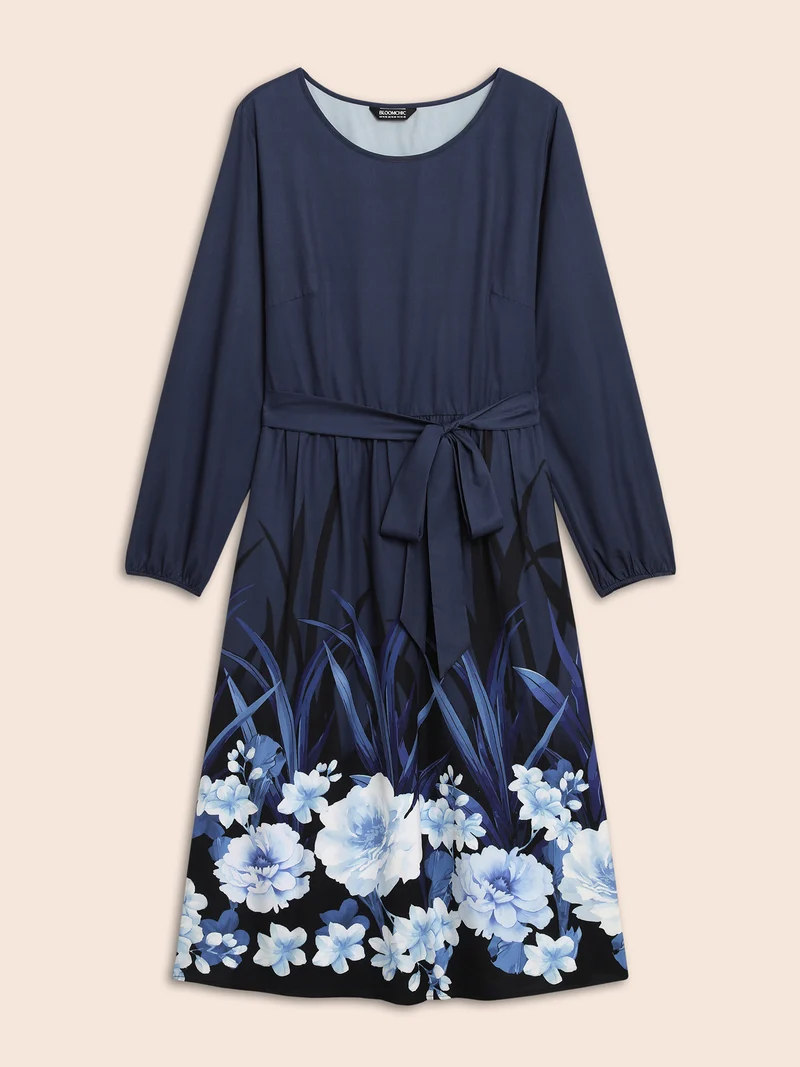 Boho Print Belted Lantern Sleeve Dress
